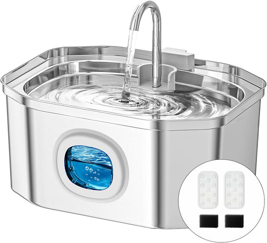 Cat Water Fountain Stainless Steel 108oz/3.2L, APAUK Automatic Pet Fountain Dog Water Dispenser with Water Level Window, Quiet Cat Fountain for Drinking, Inside with Replacement(1 Filter&1 Sponge)