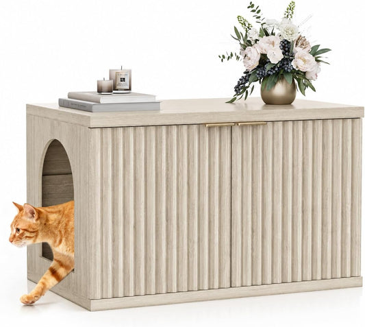 Homhedy Cat Litter Box Enclosure, Modern Fluted Accent Cat Washroom Furniture, Pet House, Fit Most of Litter Box,Cream Gray
