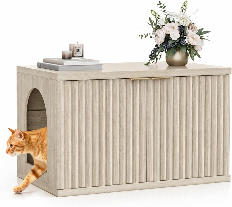 Homhedy Cat Litter Box Enclosure, Modern Fluted Accent Cat Washroom Furniture, Pet House, Fit Most of Litter Box,Cream Gray