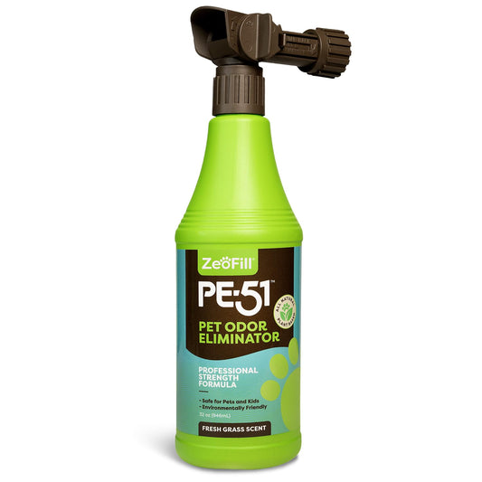 Zeofill PE-51 Pet Odor Eliminator – Urine Odor Neutralizer with Max Flow Garden Hose Spray Nozzle | Pet, Turf & Yard Smell Remover | Cat & Dog Pee Deodorizer Spray | All Natural Enzymes | 32oz Bottle