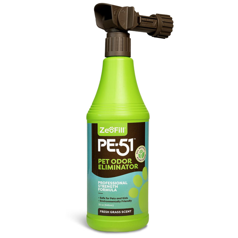 Zeofill PE-51 Pet Odor Eliminator – Urine Odor Neutralizer with Max Flow Garden Hose Spray Nozzle | Pet, Turf & Yard Smell Remover | Cat & Dog Pee Deodorizer Spray | All Natural Enzymes | 32oz Bottle