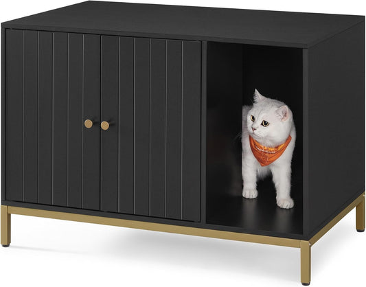 Feandrea Cat Litter Box Enclosure, Hidden Litter Box Furniture with Scratch Pad, Front Entry, Double Cabinet Doors, Modern Style, 31.5" Cat House Washroom Side End Table, Black and Gold