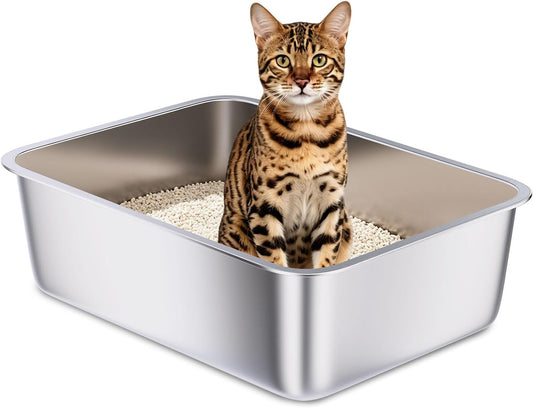 Holintan Stainless Steel Litter Box, 18"x14"x6"(Height) Medium Metal Cat Litter Box Easy Clean, Non Stick Litterbox No Smell for Cats or Kitty, Rabbits