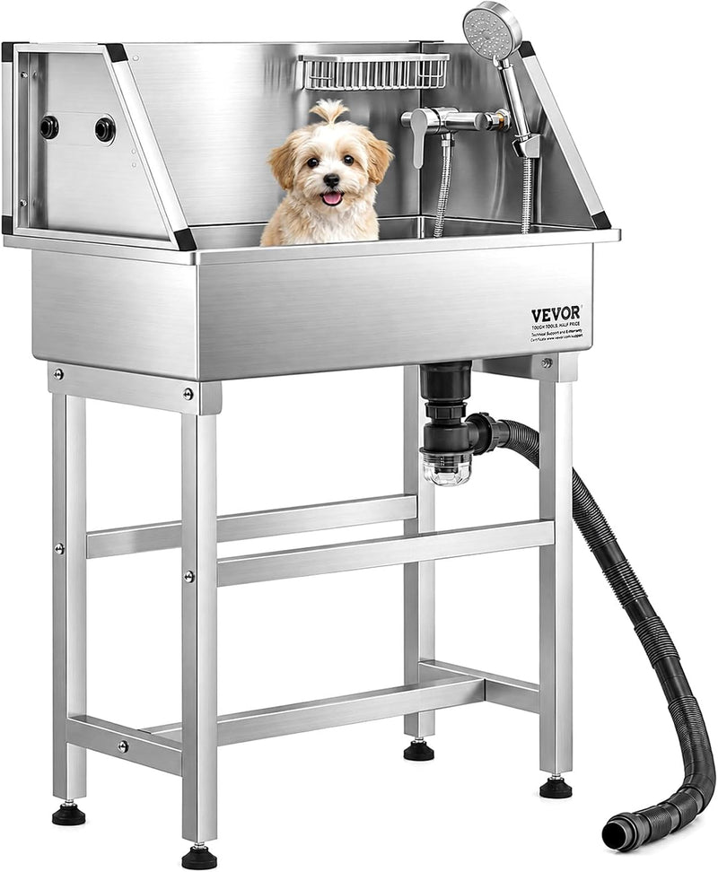 VEVOR Professional Dog Washing Station, 34 Inch Stainless Steel Pet Grooming Tub with Hot & Cold Faucet, Showerhead, Storage Rack, No-Bend All-in-One Bathtub, Home Wash Sink, Fits Small Cats and Dogs
