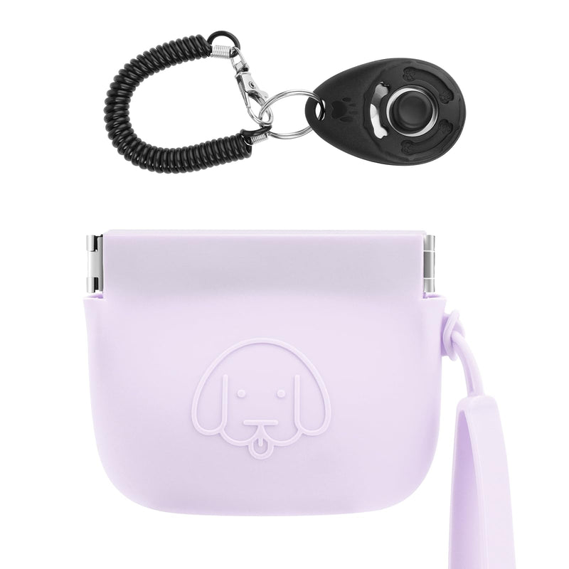 WALLFID Silicone Dog Treat Pouch, Auto Closure, with Pet Training Clicker, Walking Bag for Dog and Cat, Pocket Size, Easy to Clean, Odorless, Travel Walking Bag (Light Purple)