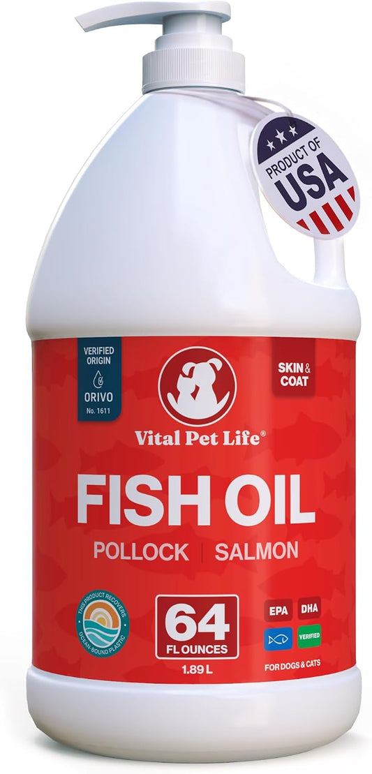 Fish Oil for Dogs - Healthy Skin & Coat, Salmon, Pollock, All Natural Supplement for Pets, Itching Scratching Allergy & Inflammation Defense, Omega 3 EPA DHA, Brain & Heart Health, 64 oz