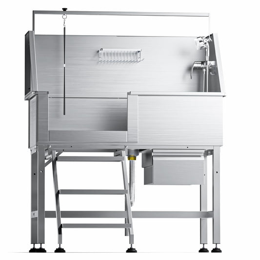 46" Dog Washing Station, Leak-Proof 304 Stainless Steel Dog Bathtub with Non-Slip Removable Left Ramp & Storage Drawer, Elevated Pet Wash Station for Large Dogs, Garage & Outdoor Use (Left Stair)