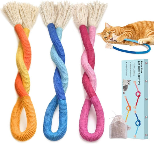 Retro Shaw 3Pcs Cat Chew Ropes with Refillable Natural Catnip, 23.6 Inches Safe Teeth Cleaning Toy for Indoor Kittens Cats, Quiet Interactive Kicker Nip String Toys