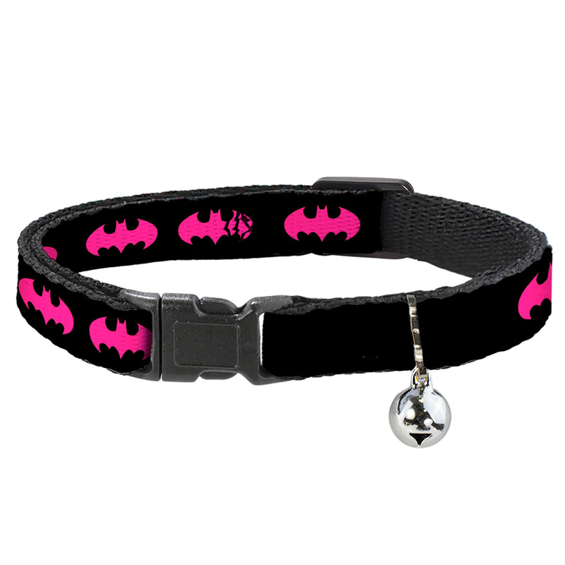DC Comics Breakaway Cat Collar with Bell, Plastic Clip, Easy Adjustable, Batman Signal Black Fuchsia, 8.5 to 12 Inches 0.5 Inch Wide