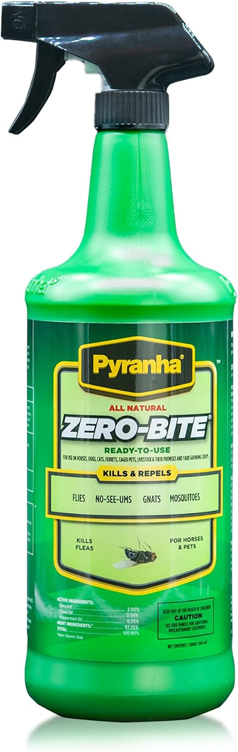 PYRANHA Zero-Bite All Natural Fly Spray - Ready to Use Water Based Repellent for Horses, Dogs, Cats, Ferrets, Caged Pets