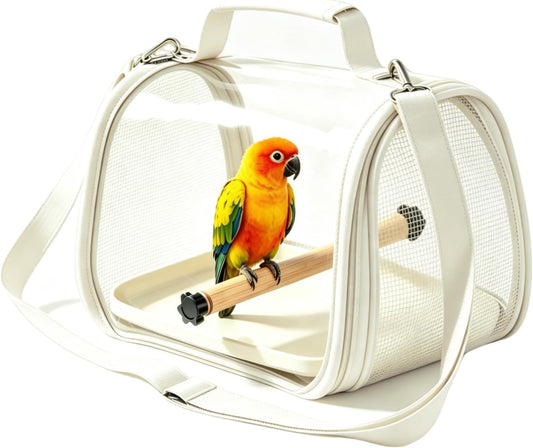 White Portable Transparent Bird Shoulder Bag, Breathable Mesh Hands Free Parrot Travel Cage Lightweight Small Pet Carrie