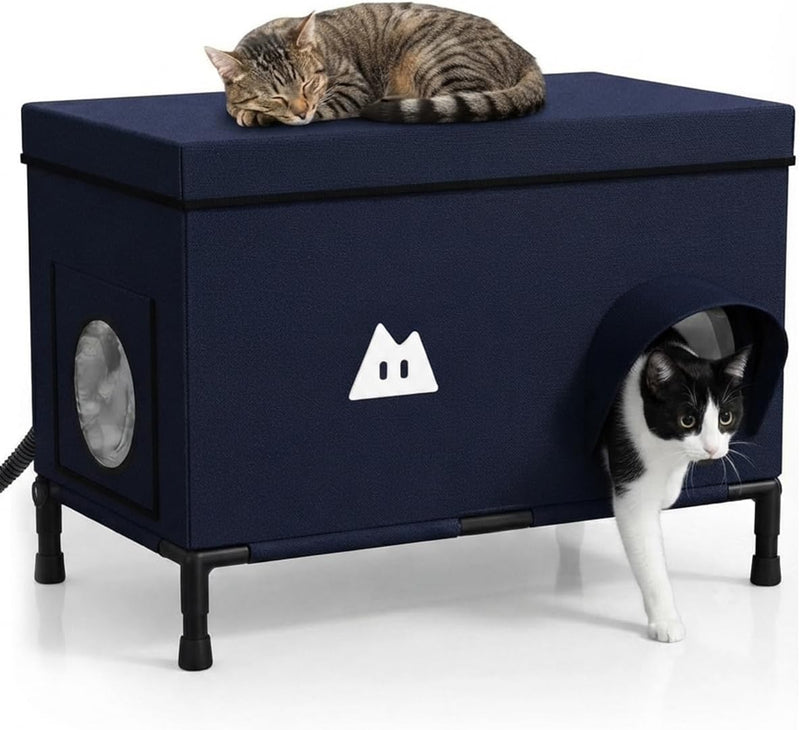 Weatherproof Heated Cat House for Cats, Blue, 14.75