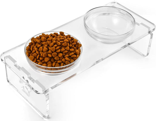 Elevated Dog & Cat Bowls – 3.75” Acrylic Raised Pet Feeder Stand with 2 Stainless Steel & 2 Glass Bowls – Food & Water D
