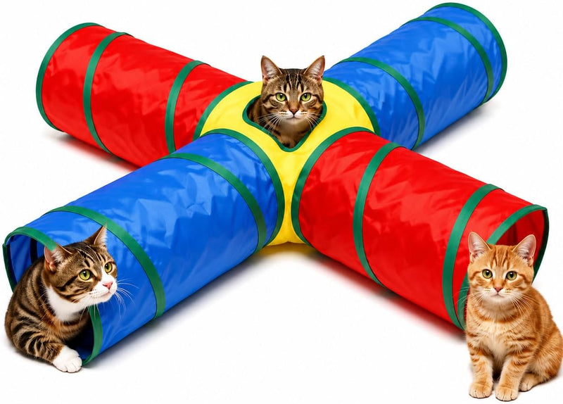 Dr. Fluffyyes Cat Toys - 4-Way Tunnel for Indoor Cats with Peek Hole & 2 Mice - Large Foldable Rainbow Tube with Hanging Ball for Kittens, Rabbits, Small Dogs - Ideal Cat Toy