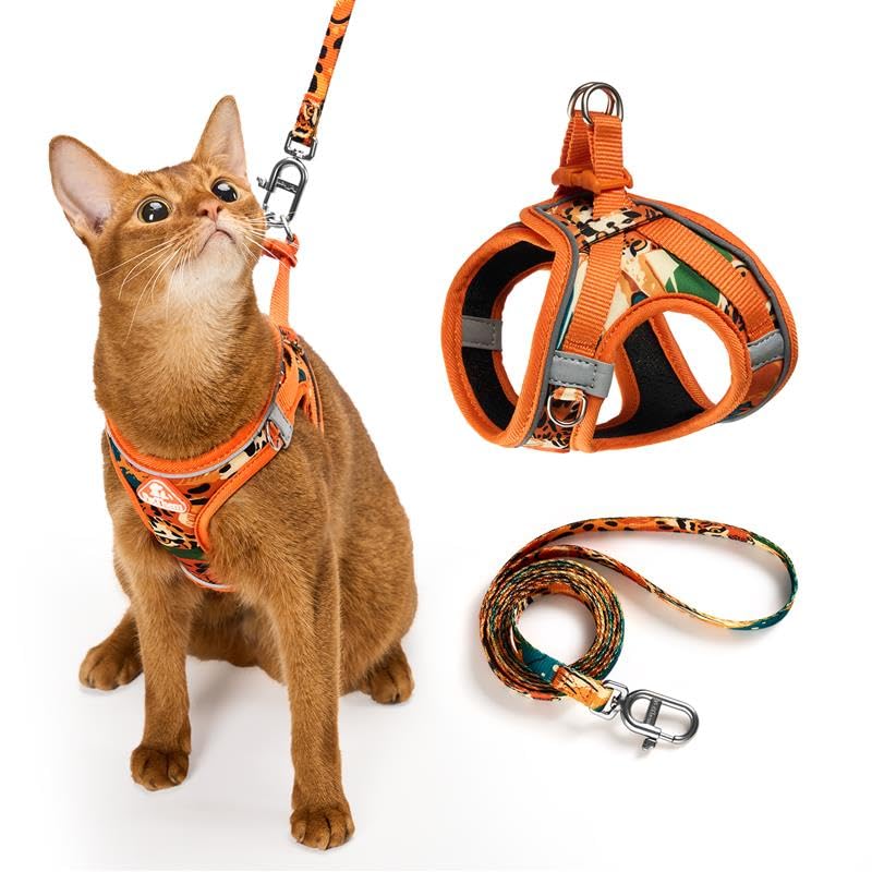 Cat Harness and Leash Set, Step-in Escape Proof Adjustable Vest Harness for Small Medium Large Cats, Lightweight Soft Breathable Reflective Kitten Harness, Easy to Wear for Walking Travel, Camping, L