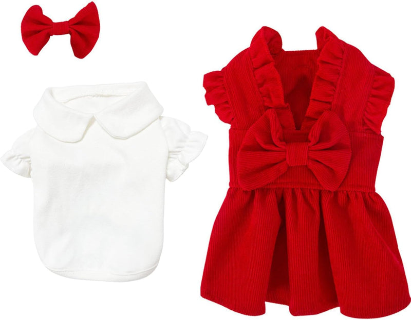 Red Corduroy Dog Dress Sweater for Small Dogs Girl Set Dog Winter Dress Puppy Clothes Christmas