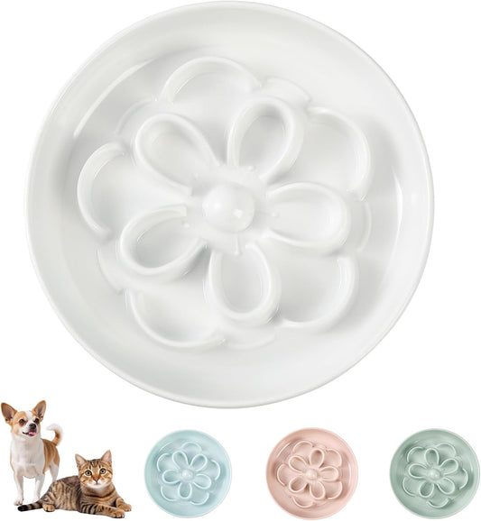Melamine Cat Slow Feeder Bowl - Floral Maze Cat Food Dish - Flat Plate for Dry & Wet Food - Cute Kitten Bowl - Dishwashe