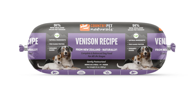 CountryPet Naturals New Zealand Venison Frozen Fresh Dog Food, High-Protein 91% Grass-Fed Free-Range Meat, Gently Cooked, Grain-Free, Omega-3s, 6 lb (4 Rolls)