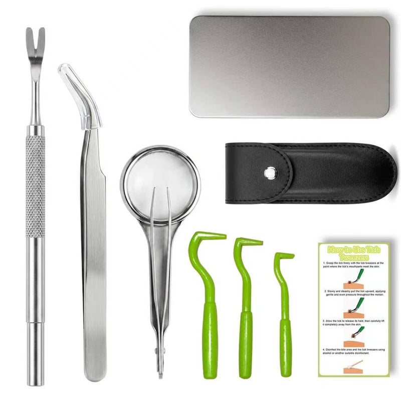 YtlponHuanYi Tick Removal Tool Set,8 in 1 Twister Kit with Stainless Steel Tick Remover&Tweezers,Portable Pocket Storage,Professional Tick Remover Set for Dogs,Cats,Humans,Outdoor,Camping