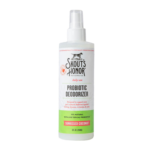 SKOUT'S HONOR Probiotic Pet Deodorizer Spray- Hydrating Daily-Use with Avocado Oil & Omega-3s, Microbiome Friendly Certiified, Paraben & Sulfate-Free, 97% Natural, 8oz, Sunkissed Coconut