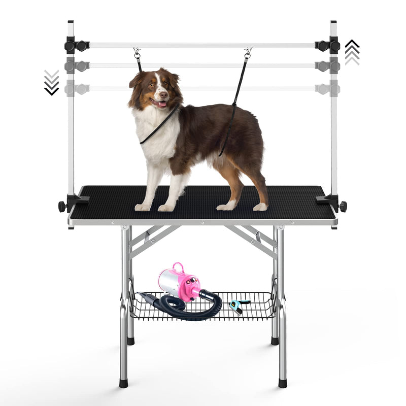 Dog Grooming Table, Adjustable Large Pet Drying Desktop, Foldable Bathing Desk with Arms, Noose, Mesh Tray, Maximum Capacity Up to 330Lb, 46in, Dark Black