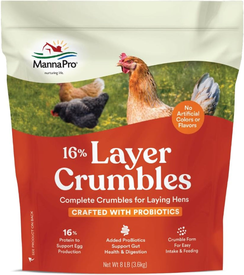 Manna Pro Layer Crumbles Chicken Feed, 16% Protein, Digestive Aid, 8 lb Bag