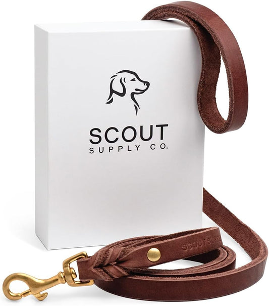 Scout Supply Classic Leather Dog Leash | Strong Heavy Duty Thick Full Grain Leather | Waterproof & Rust-Proof Brass Hard