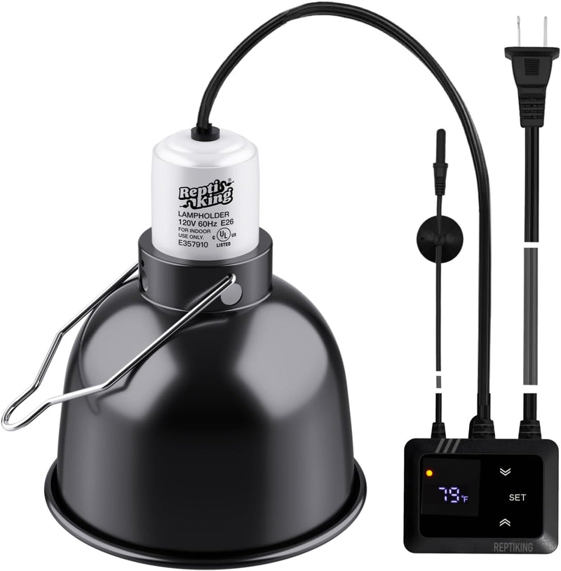 Reptile Heat Lamp Fixture with Dimming Thermostat - 5.5'' Light Dome with PID Thermostat, for Ceramic Heat Emitter & Bas