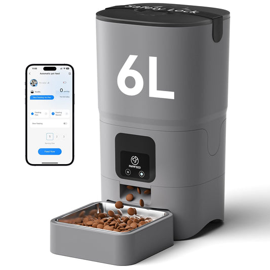 PAPIFEED Automatic Cat Feeder with App, 2.4G WiFi Cat Food Dispenser, 6L Timed Cat Feeders for Dry Food, 10 Meals/Day, 12 Portions/Meal, Dual Power Supply Smart Pet Feeder for Small Dog, Grey