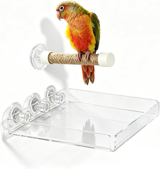 Suction Cup Bird Perch – Jute Rope Stand with Removable Acrylic Poop Tray, Multi-Surface Window Shower Car Travel Perch 