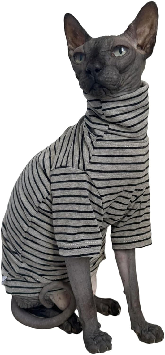 Vintage Stripes Sphynx Hairless Cats Shirt Cotton Cat Turtleneck Pet Clothes Kitten T-Shirts with Sleeves for Sphynx Cats (Black Grey White, X-Large)