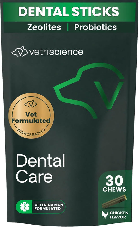 VetriScience Healthy Mouth Dental Chews, Perio Plus Sticks for Dogs, with Probiotics, Spirulina & Zeolites, Breath Freshening, Plaque & Tartar Control, Chicken, 30 Count