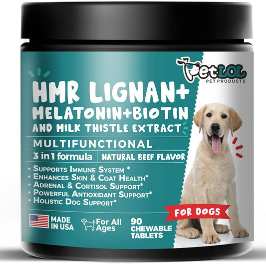 PET LOL HMR Lignan + Melatonin + Biotin + Milk Thistle for Dogs | 4-in-1 Formula | Adrenal Support & Normal Cortisol Levels | Skin, Coat, & Digestive Health | 90 Chewable Tablets | Natural Beef Flavor