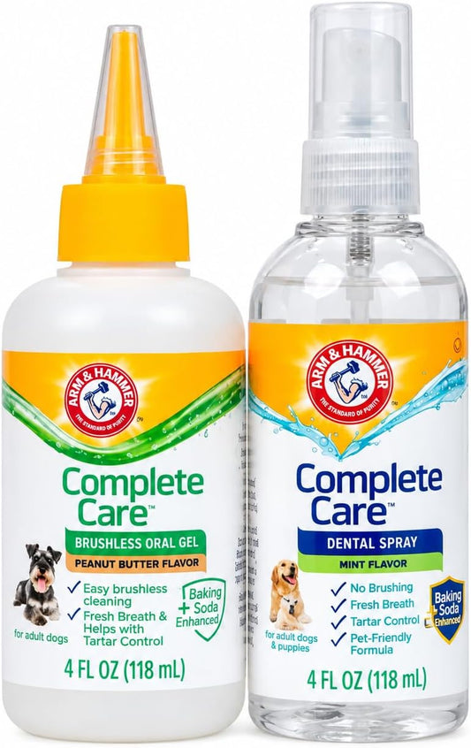 Arm & Hammer Complete Care Brushless Dental Kit for Dogs – Includes No-Brush Oral Gel + Dog Dental Spray, Fresh Breath, Tartar Control, Baking Soda Enhanced Dental Dog Supplies, 4 Fl Oz Each