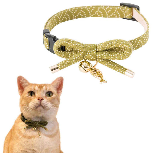 Necoichi Zen Fish Charm Cat Collar (Green) with Bell Safety Breakaway Soft Lightweight for Cats Kitty Kitten Japanese Stylish Pattern, No.1 Seller in Japan