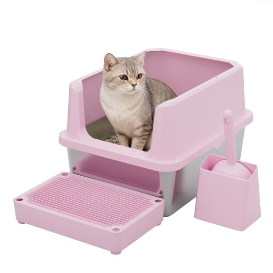 RIZZARI Pink Open-Top Cat Litter Box with Stainless Steel Pan - Extra-Large, Non-Porous & Easy Clean, High Sides Anti-Scatter, Includes Scoop, for Apartment Bathroom or Laundry Room