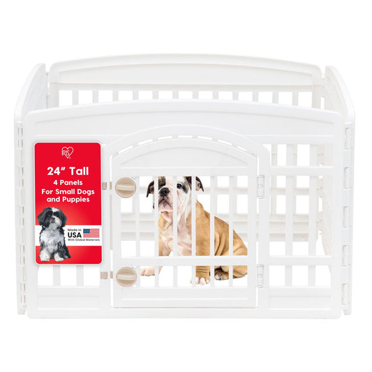 Dog Playpen Indoor Outdoor with Door Gate, Safe Durable 4-Panel Pet Exercise Pen, 35 x 35 x 24 Foldable Portable Puppy Play Pen for Small Medium Dogs, Made in USA, White, IRIS USA