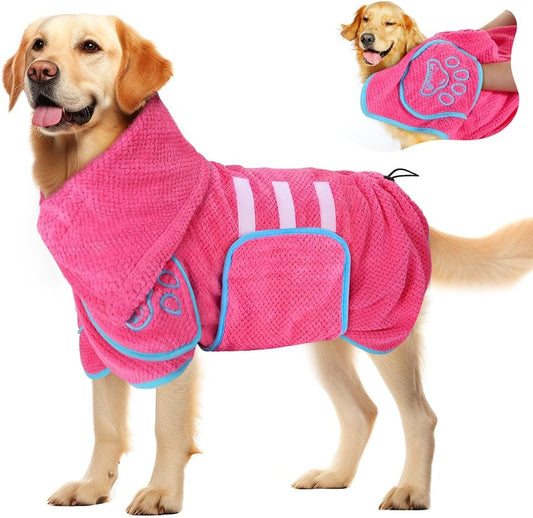 SlowTon Dog Bathrobe Drying Coat – Super Absorbent Microfiber Towel Wrap with Adjustable Collar & Belly Strap, Fast Drying Bath Robe for After Bath Swim, for Large, Medium, Small Dogs (Pink M)