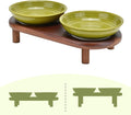 SPUNKYJUNKY Shallow Elevated Cat Bowl with Acacia Wood Stand Wide Raised Ceramic Cat Dishes Whisker Friendly Pet Food an