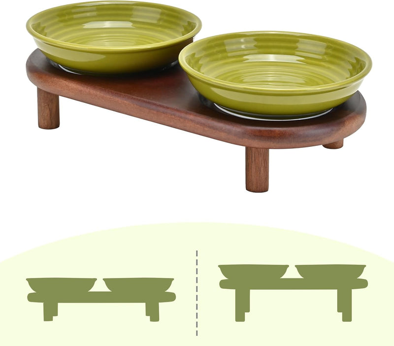 SPUNKYJUNKY Shallow Elevated Cat Bowl with Acacia Wood Stand Wide Raised Ceramic Cat Dishes Whisker Friendly Pet Food an