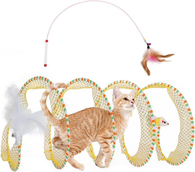 Cat Tunnel Cat Toy for Indoor Cats, 25.59 Inch Spiral Cat Tunnel with Cat Wand & Feather Mouse Toys, Collapsible Interac
