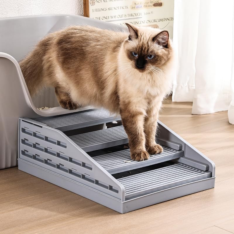 Heerduos Adjustable 4 Steps Litter Box Step,Litter Box ramp for Cat Litter Boxes,Washable Easy Cleaning Cat Litter Catcher & Litter Step with Filter Functions for Small & Elderly Cats(Gray)