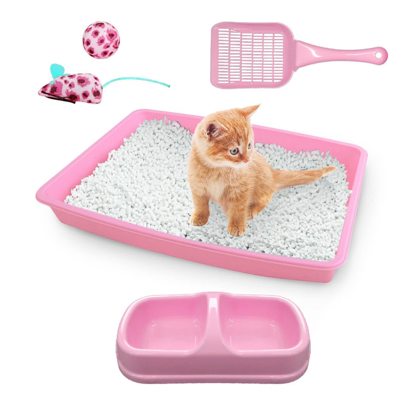 PAWISE Cat Litter Box Set, Small Kitten Starter Kit, Includes Litter Box, Litter Scoop, Double Dish Feeding Bowl, Cat Mouse Toy, Kitty Ball Toy, Pink