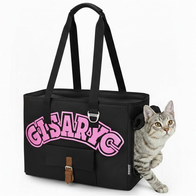 Dog Purse Carrier for Small Dogs, Cats and Puppies – Soft-Sided Foldable Pet Travel Bag with Multi Pockets, 3-Sided Mesh & Rollable Cover for Nervous Cats, Fits Pets up to 15 lbs (Black & Pink)