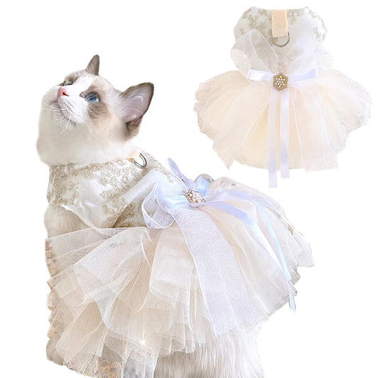 Anelekor Fancy Dog Dresses with Leash Ring, Embroidered Dog Wedding Dress, Bow Puppy Clothes for Small pet Girl Multi-Layer Lace Tutu Cat Outfit for Kitten Chihuahua Yorkie, Small