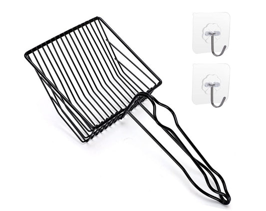 QUALIALL Metal Cat Litter Scoop, Fast Kitty Box Pooper Scooper with Holder, Deep Large Shovel, Upgraded with Flat Head and a Comfy Thumb Hole in Long Handle