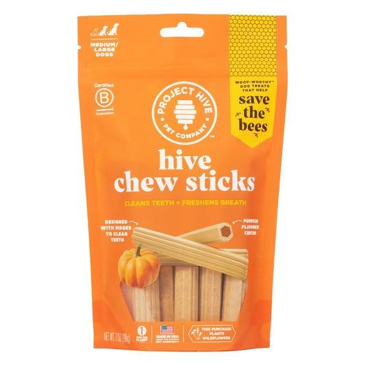 Hive Chew Sticks - Dental Treats for Dogs - Vegetarian, Made with Ground Peanuts & Honey, No Grain or Soy, Cleans Teeth & Freshens Breath (7 oz, Large Dogs - Pumpkin)