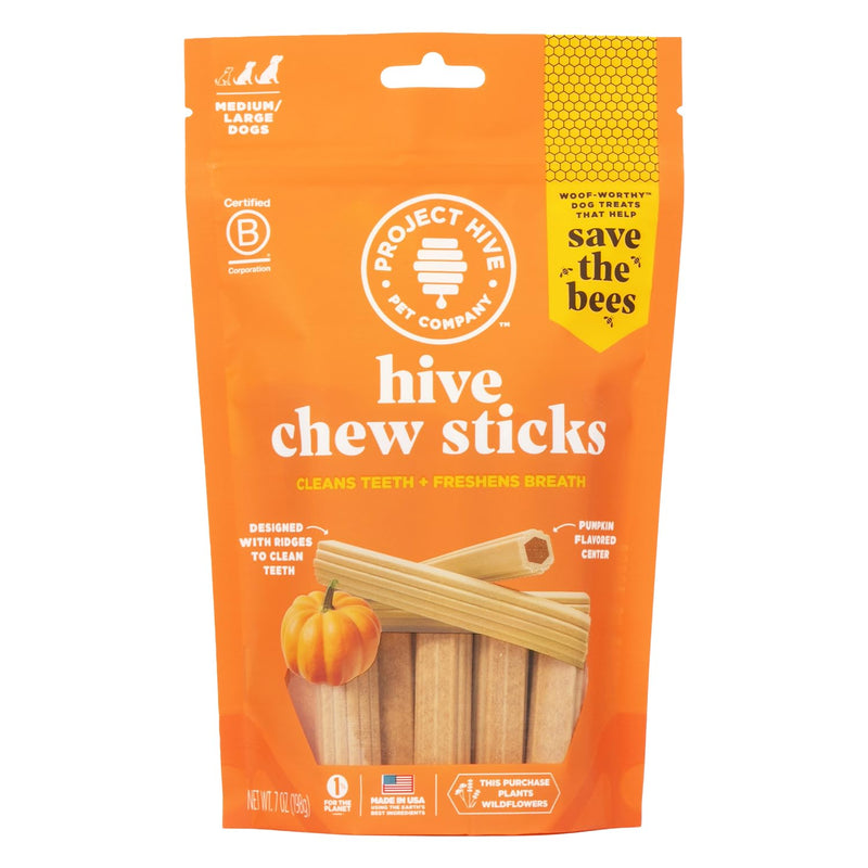 Hive Chew Sticks - Dental Treats for Dogs - Vegetarian, Made with Ground Peanuts & Honey, No Grain or Soy, Cleans Teeth & Freshens Breath (7 oz, Large Dogs - Pumpkin)