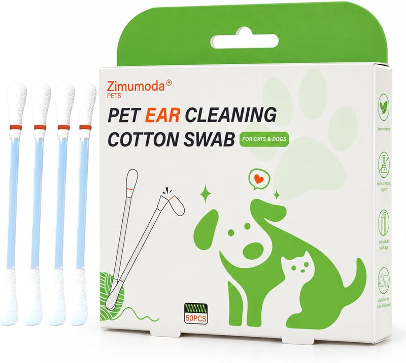 zimumoda 50 Pcs 2-in-1 Pet Ear Cleaning Cotton Swabs for Dogs & Cats - Essential Oil Infused Cat Ear Cleaner - Gentle Ear Wax Removal - Soothing Itch & Freshness - Individually Wrapped for Easy Use