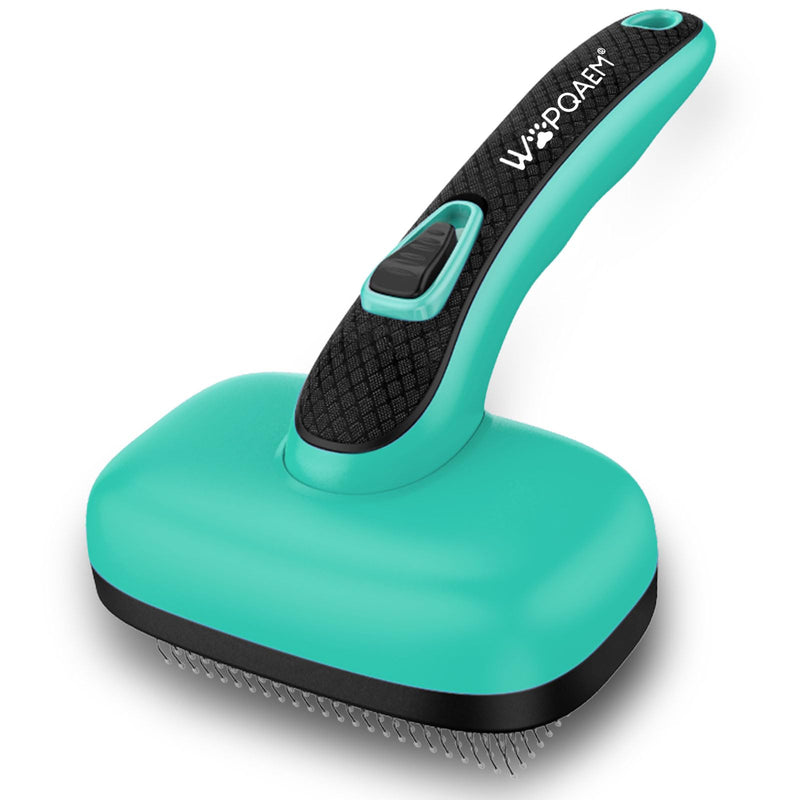 WOPQAEM Self Cleaning Slicker Brush for Dog & Cats, Skin Friendly Deshedding Grooming Tool for Shedding Long and Short Haired Pets, Easy Clean Retractable Bristles, Green